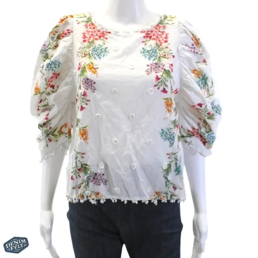 FARM‎ RIO Women’s Louise Floral Print Puff Sleeve Button Up Top In Multi Color